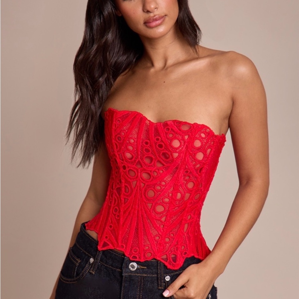 PrettyLittleThing Red Sheer Floral Lace Corset